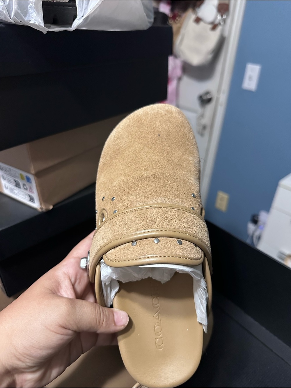Coach Tan Suede Studded Slip-On Mule